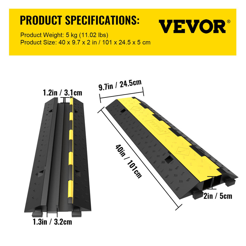 VEVOR cable guard ramp, 5 pieces with 2 channels Quick-release rubber modular ramp with 5000 kg load capacity, cable guard ramp for driveways, rubber quick rollers and cable guards