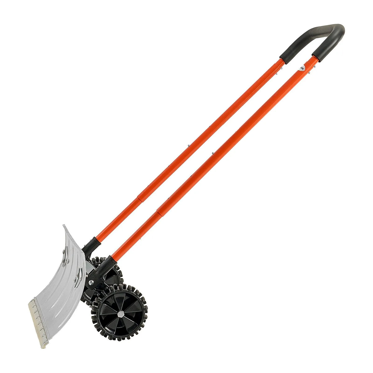 Sniega stūmējlāpsta ar riteņiem, 61 cm metāla sniega tīrīšanas lāpsta ar divvirzienu leņķotu asmeni un 90° regulējamu kātu, pārnēsājams sniega tīrīšanas rīks piebraucamajiem ceļiem un dārzam