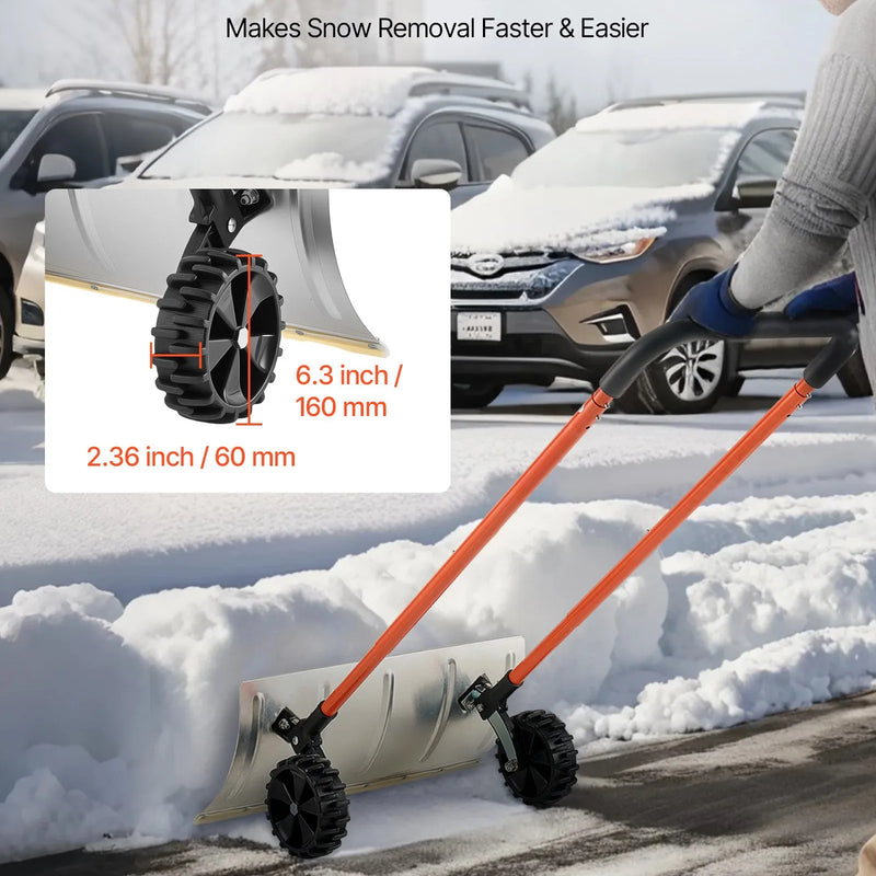 Sniega stūmējlāpsta ar riteņiem, 61 cm metāla sniega tīrīšanas lāpsta ar divvirzienu leņķotu asmeni un 90° regulējamu kātu, pārnēsājams sniega tīrīšanas rīks piebraucamajiem ceļiem un dārzam
