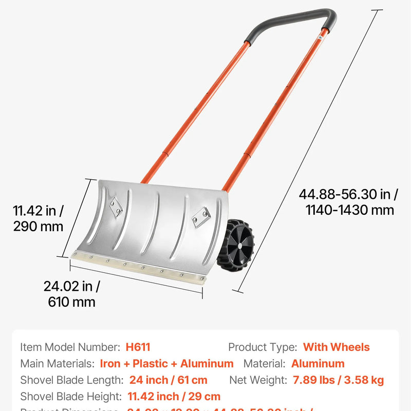 Sniega stūmējlāpsta ar riteņiem, 61 cm metāla sniega tīrīšanas lāpsta ar divvirzienu leņķotu asmeni un 90° regulējamu kātu, pārnēsājams sniega tīrīšanas rīks piebraucamajiem ceļiem un dārzam