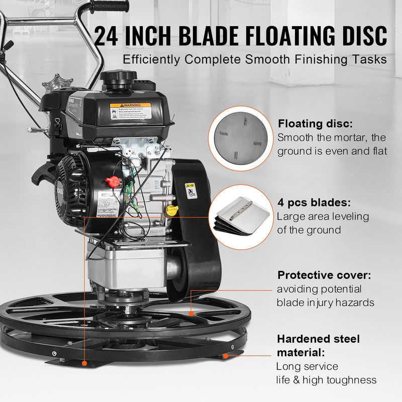 VEVOR 61 cm benzīna darbināms betona gludrinātājs ar peldošo disku, 6 ZS motors, paredzēts gludām betona virsmām, smagās slodzes profesionāls apdares instruments ar apdares lāpstiņām, oranžs