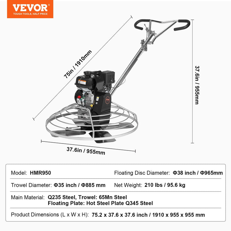 VEVOR 97 cm benzīna darbināms betona gludrinātājs ar peldošo disku, 6 ZS motors, paredzēts gludām betona virsmām, smagās slodzes profesionāls apdares instruments ar apdares lāpstiņām, oranžs