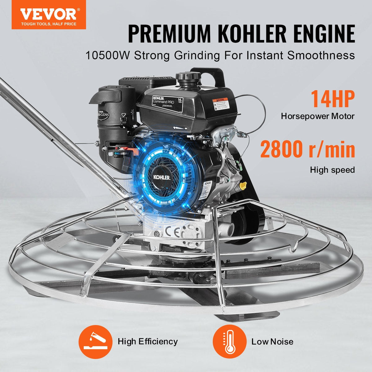 VEVOR 117 cm benzīna darbināms betona gludrinātājs ar peldošo disku, 14 ZS motors, paredzēts gludām betona virsmām, smagās slodzes profesionāls apdares instruments ar apdares lāpstiņām, oranžs