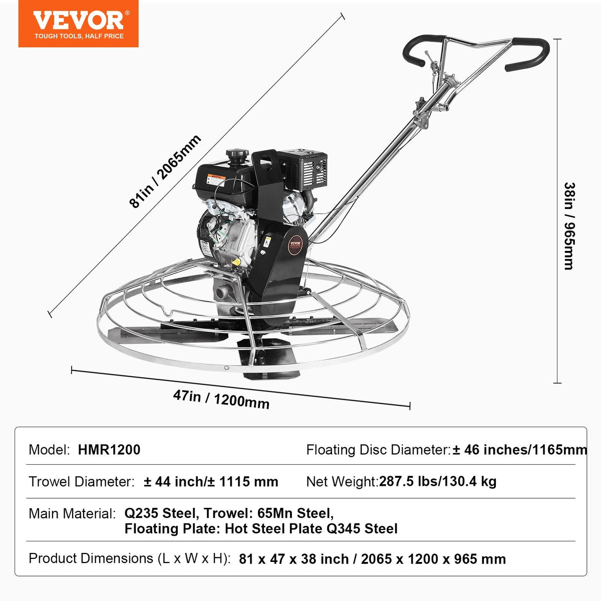 VEVOR 117 cm benzīna darbināms betona gludrinātājs ar peldošo disku, 14 ZS motors, paredzēts gludām betona virsmām, smagās slodzes profesionāls apdares instruments ar apdares lāpstiņām, oranžs