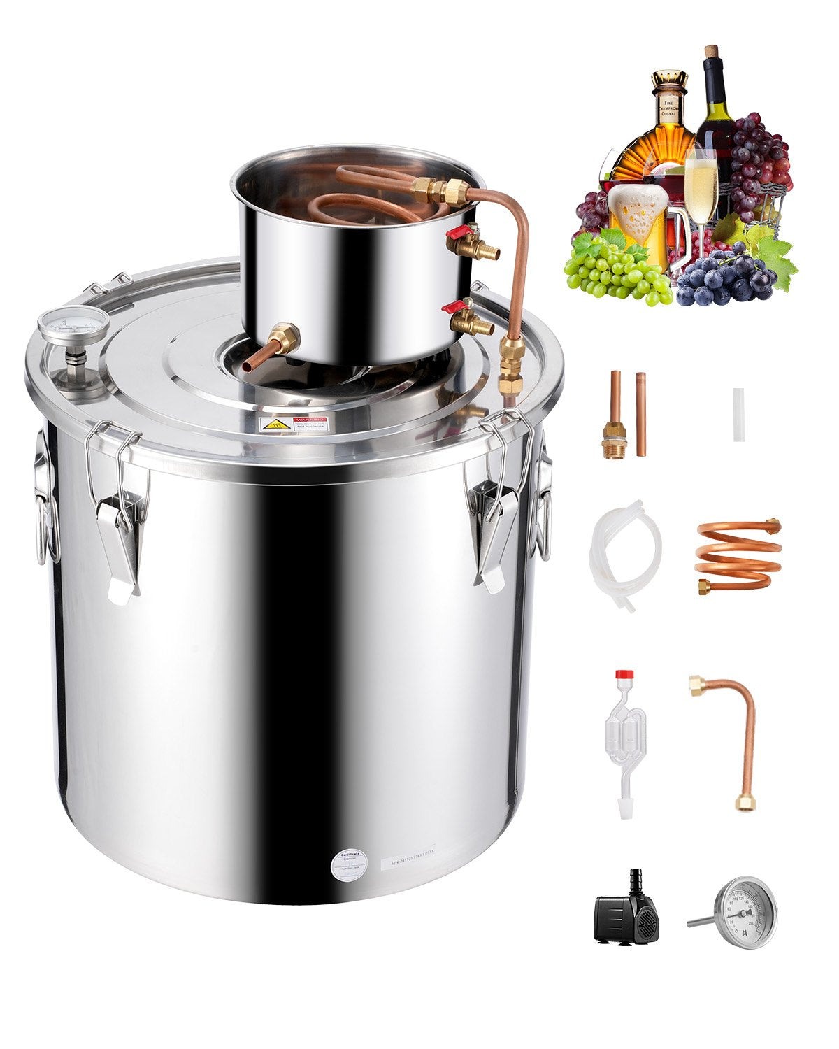 50L still with built-in thermometer on the lid and 8W water circulation pump, this still can be used for distillation of fruit wines, brandy, vodka, whisky, ethanol, water and essential oils.