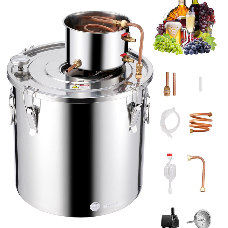 50L destilācijas aparāts ar iebūvētu termometru uz vāka un 8W ūdens cirkulācijas sūkni,  šo iekārtu var izmantot augļu vīnu, brendija, degvīna, viskija, etanola, ūdens un ēterisko eļļu destilācijai.