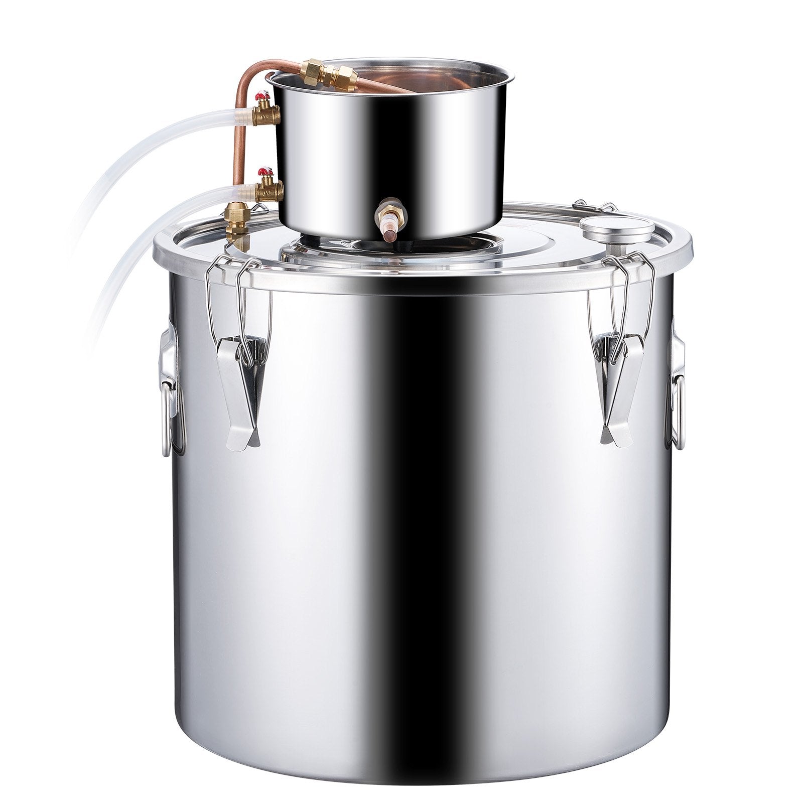 50L still with built-in thermometer on the lid and 8W water circulation pump, this still can be used for distillation of fruit wines, brandy, vodka, whisky, ethanol, water and essential oils.