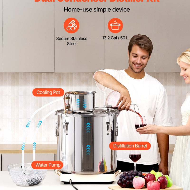 50L destilācijas aparāts ar iebūvētu termometru uz vāka un 8W ūdens cirkulācijas sūkni,  šo iekārtu var izmantot augļu vīnu, brendija, degvīna, viskija, etanola, ūdens un ēterisko eļļu destilācijai.