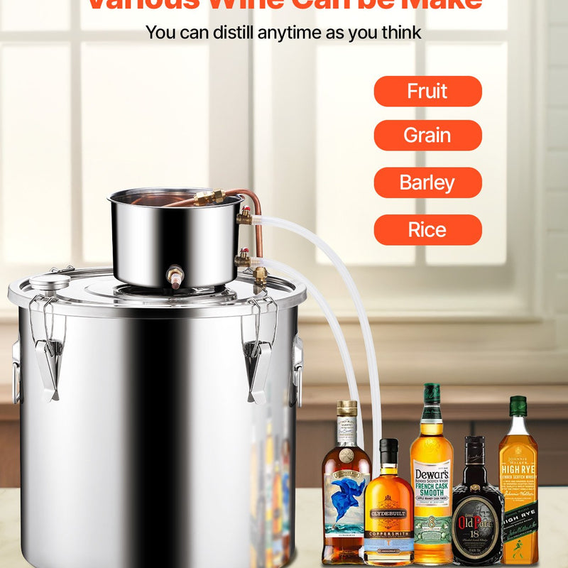 50L destilācijas aparāts ar iebūvētu termometru uz vāka un 8W ūdens cirkulācijas sūkni,  šo iekārtu var izmantot augļu vīnu, brendija, degvīna, viskija, etanola, ūdens un ēterisko eļļu destilācijai.