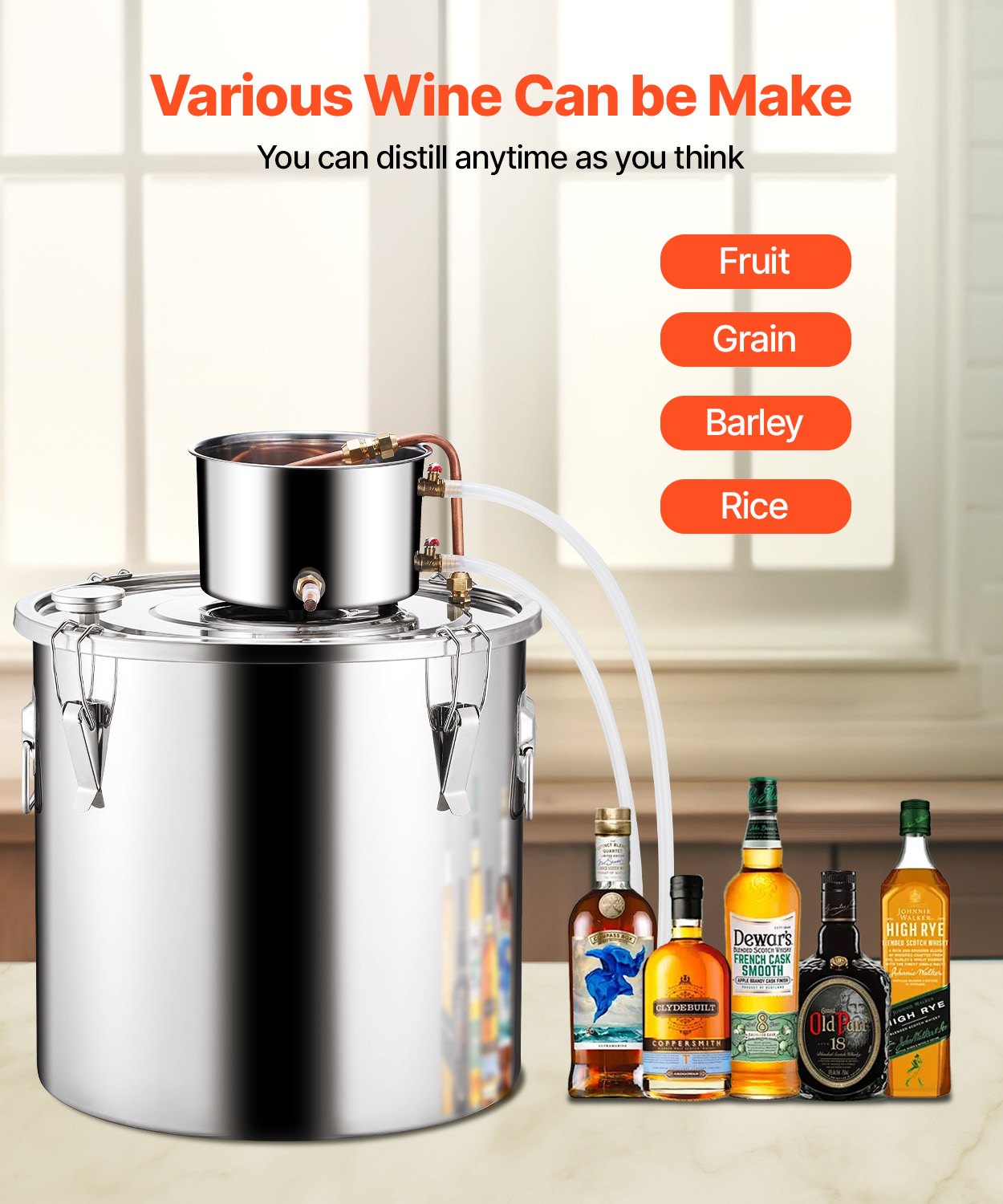 50L still with built-in thermometer on the lid and 8W water circulation pump, this still can be used for distillation of fruit wines, brandy, vodka, whisky, ethanol, water and essential oils.
