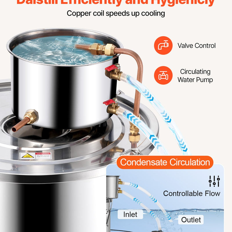 50L destilācijas aparāts ar iebūvētu termometru uz vāka un 8W ūdens cirkulācijas sūkni,  šo iekārtu var izmantot augļu vīnu, brendija, degvīna, viskija, etanola, ūdens un ēterisko eļļu destilācijai.