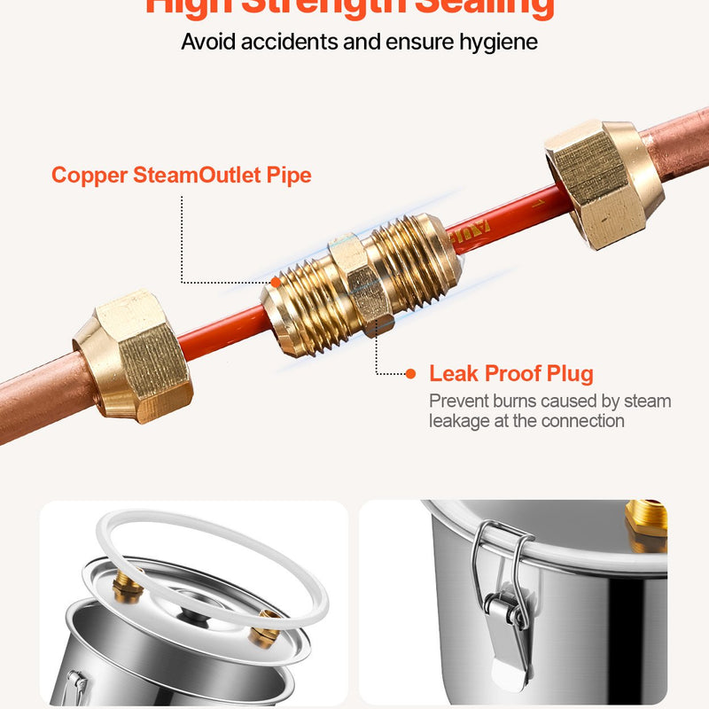 50L destilācijas aparāts ar iebūvētu termometru uz vāka un 8W ūdens cirkulācijas sūkni,  šo iekārtu var izmantot augļu vīnu, brendija, degvīna, viskija, etanola, ūdens un ēterisko eļļu destilācijai.