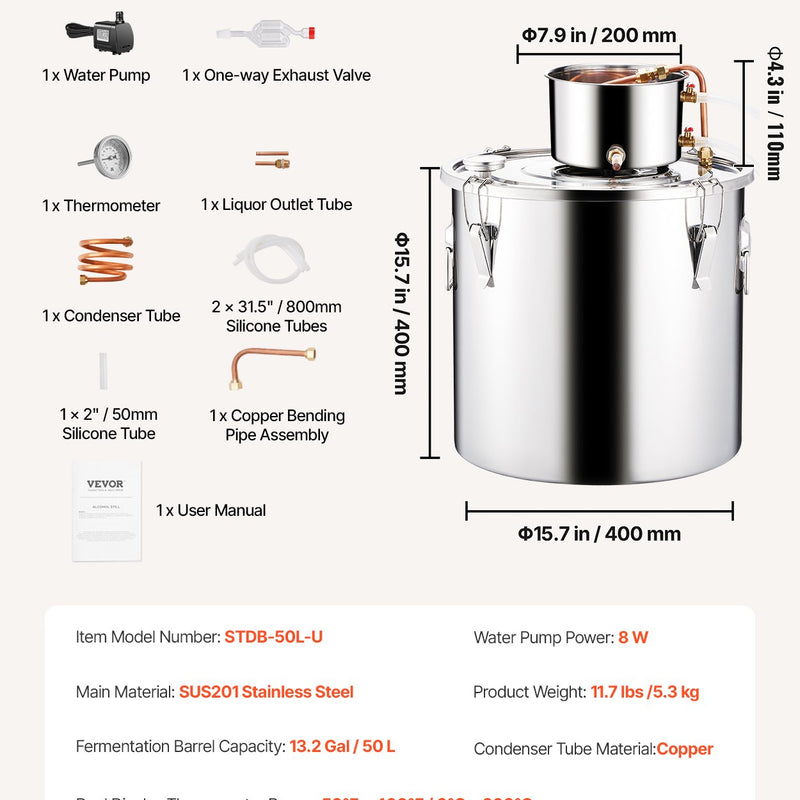 50L destilācijas aparāts ar iebūvētu termometru uz vāka un 8W ūdens cirkulācijas sūkni,  šo iekārtu var izmantot augļu vīnu, brendija, degvīna, viskija, etanola, ūdens un ēterisko eļļu destilācijai.