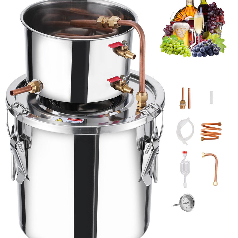 11.4L nerūsējošā tērauda destilācijas aparāts, sastāv no fermentācijas tvertnes, tvertnes vāka un dzesēšanas katla, piemērots alkohola destilācijai