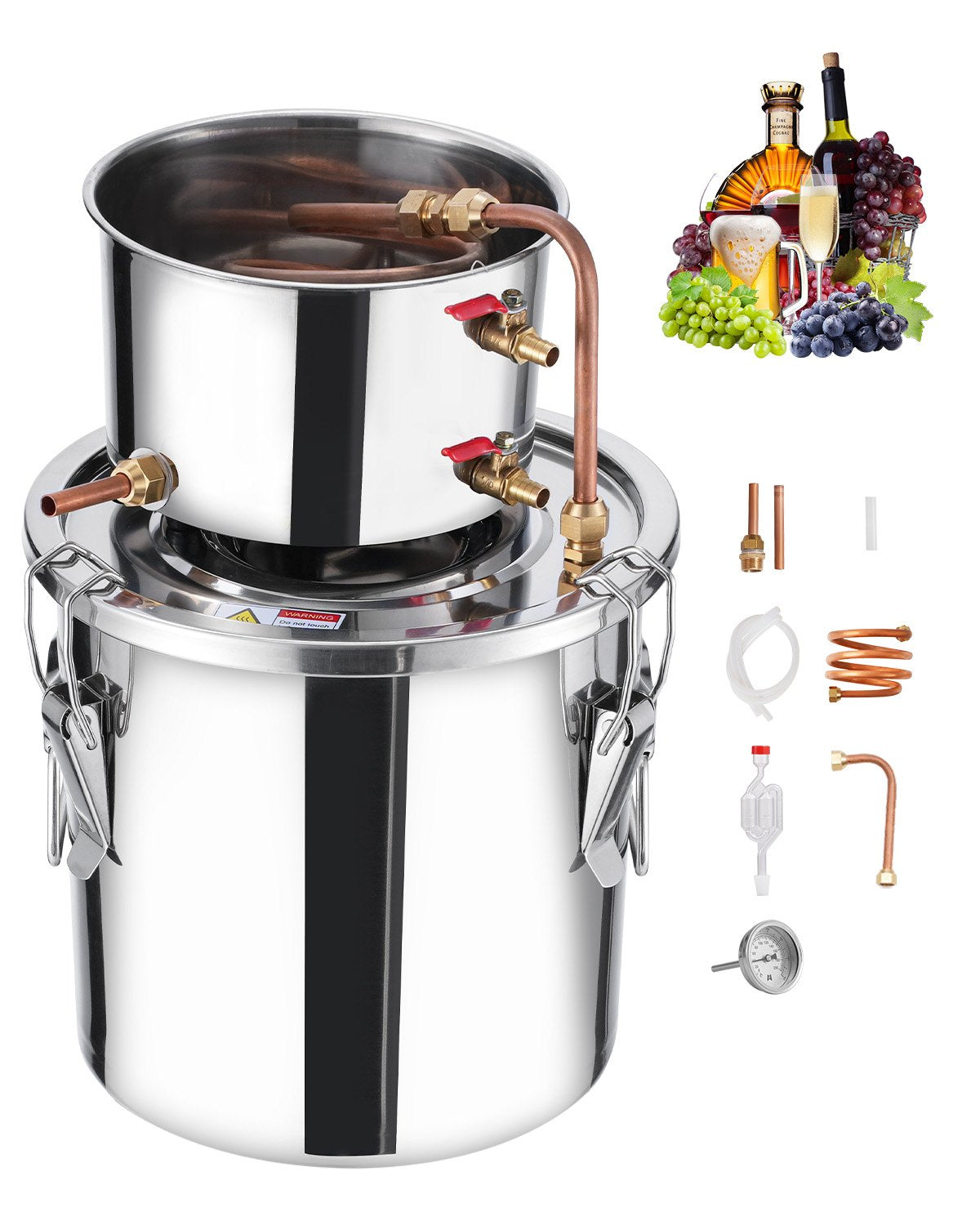 11.4L stainless steel distillation apparatus, consisting of fermentation tank, tank lid and cooling boiler, suitable for the distillation of alcohol