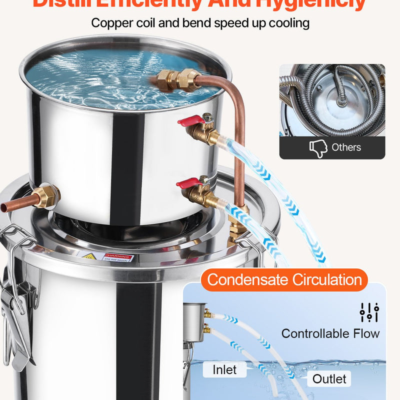 11.4L nerūsējošā tērauda destilācijas aparāts, sastāv no fermentācijas tvertnes, tvertnes vāka un dzesēšanas katla, piemērots alkohola destilācijai