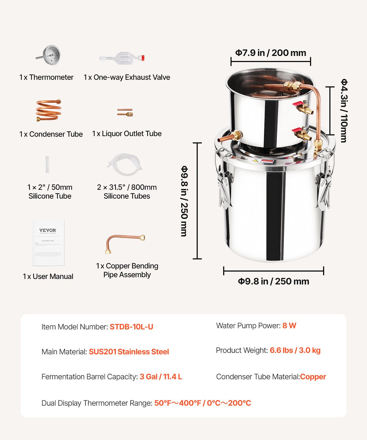 11.4L stainless steel distillation apparatus, consisting of fermentation tank, tank lid and cooling boiler, suitable for the distillation of alcohol