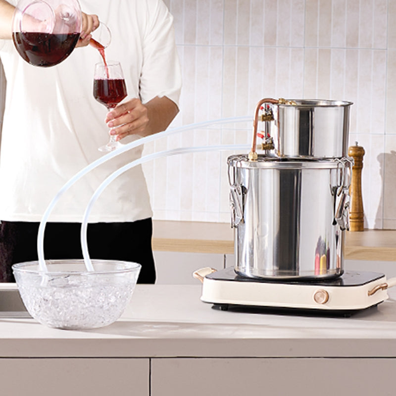 11.4L nerūsējošā tērauda destilācijas aparāts, sastāv no fermentācijas tvertnes, tvertnes vāka un dzesēšanas katla, piemērots alkohola destilācijai