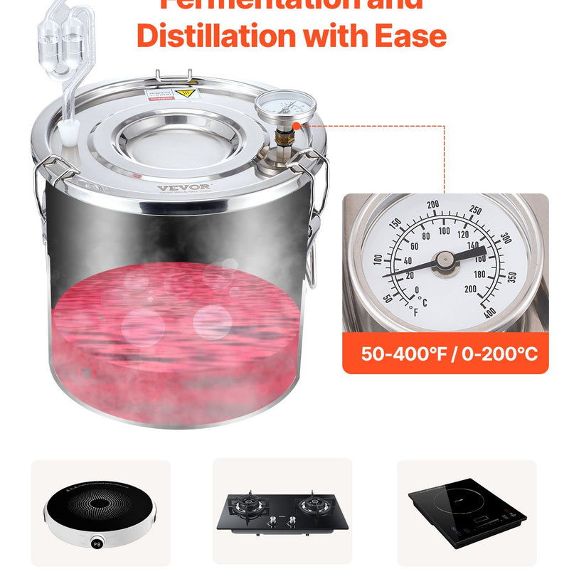 11.4L nerūsējošā tērauda destilācijas aparāts ar iebūvētu termometru uz vāka un ūdens cirkulācijas sūkni, piemērots alkohola destilācijai