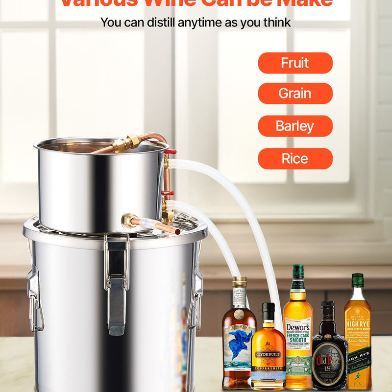 11.4L nerūsējošā tērauda destilācijas aparāts ar iebūvētu termometru uz vāka un ūdens cirkulācijas sūkni, piemērots alkohola destilācijai