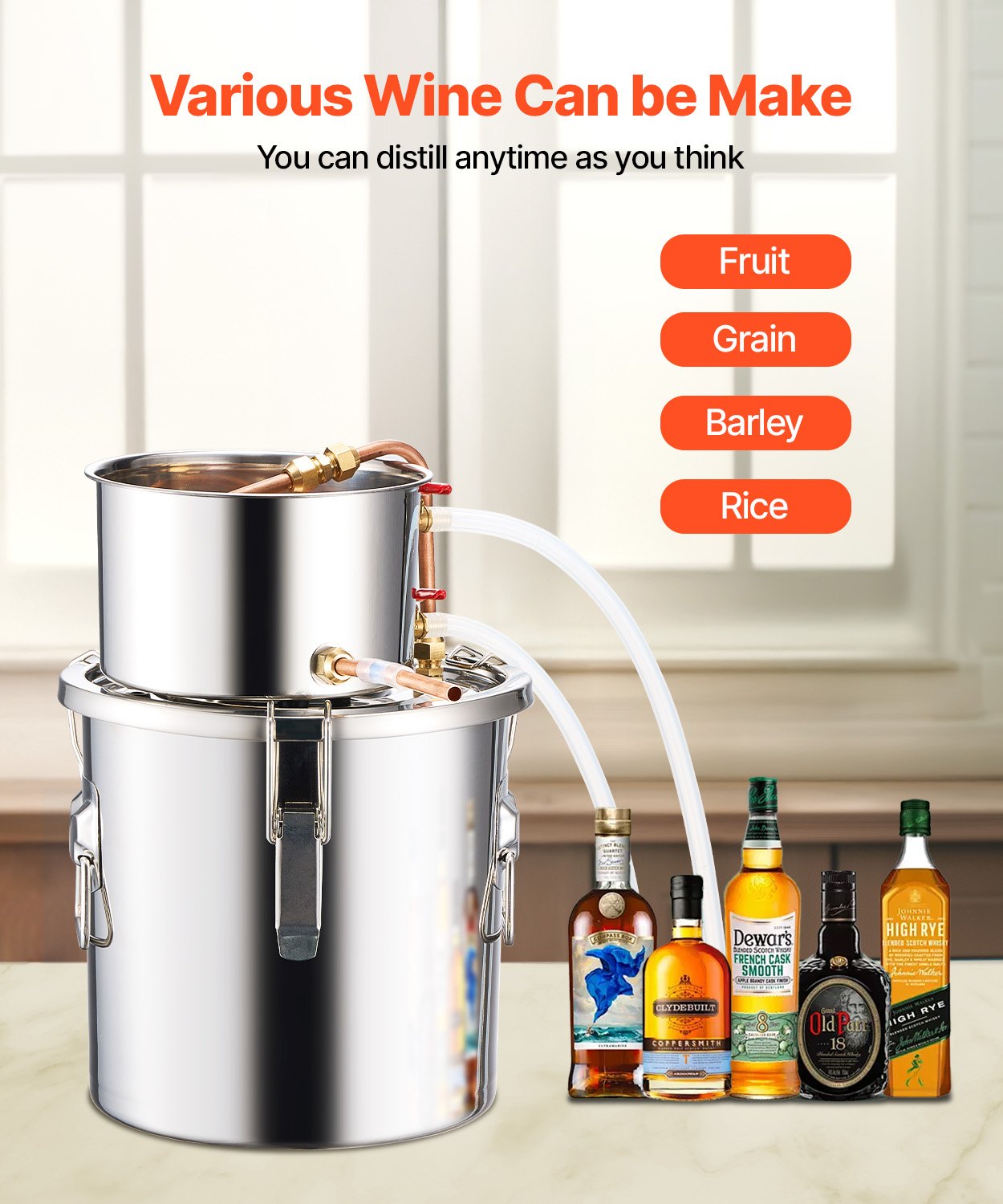 11.4L stainless steel still with built-in thermometer on lid and water circulation pump, suitable for alcohol distillation