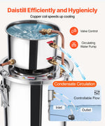 11.4L stainless steel still with built-in thermometer on lid and water circulation pump, suitable for alcohol distillation