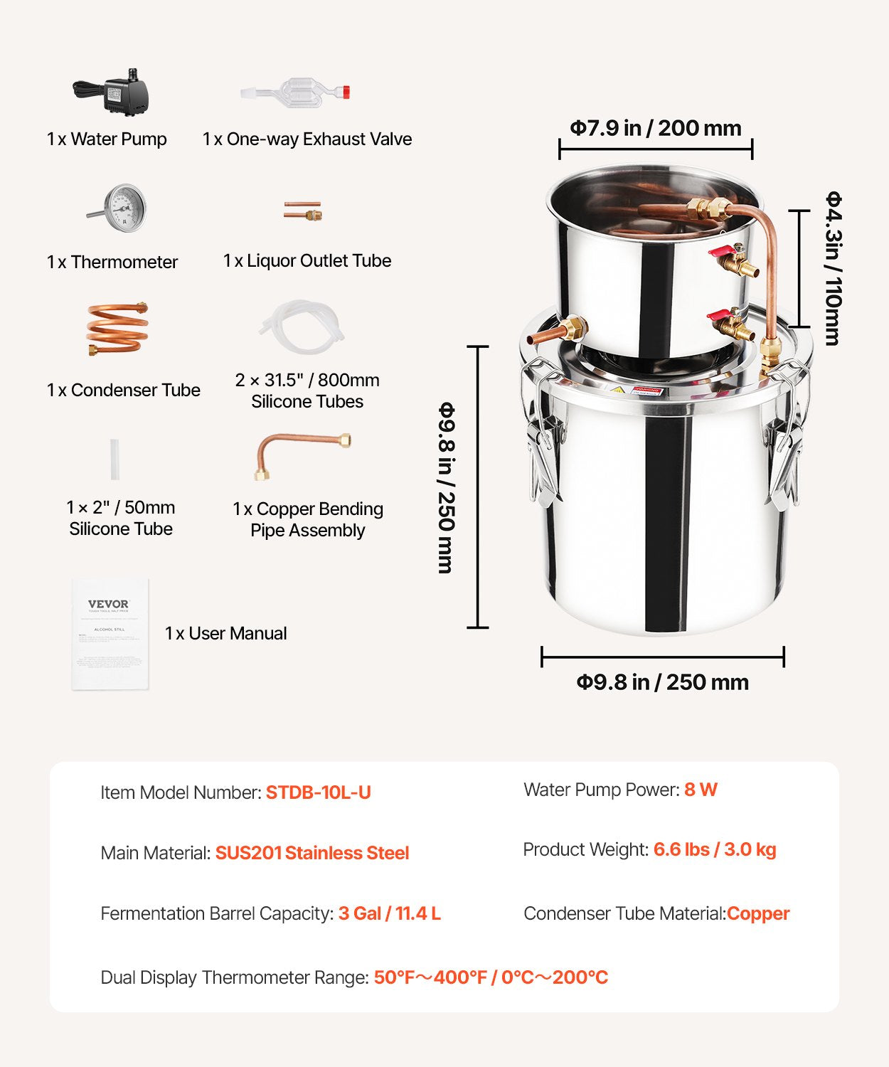 11.4L stainless steel still with built-in thermometer on lid and water circulation pump, suitable for alcohol distillation