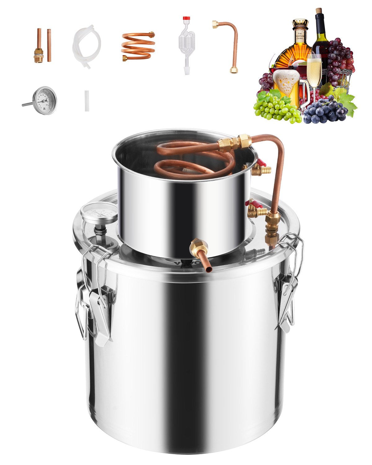 19L stainless steel distillation apparatus, consisting of fermentation tank, tank lid and cooling boiler, suitable for the distillation of alcohol