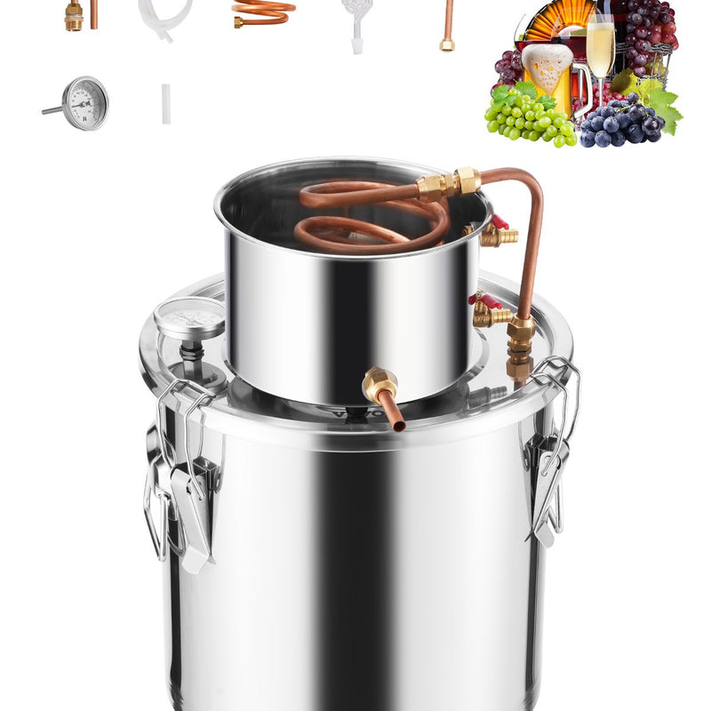 19L nerūsējošā tērauda destilācijas aparāts, sastāv no fermentācijas tvertnes, tvertnes vāka un dzesēšanas katla, piemērots alkohola destilācijai