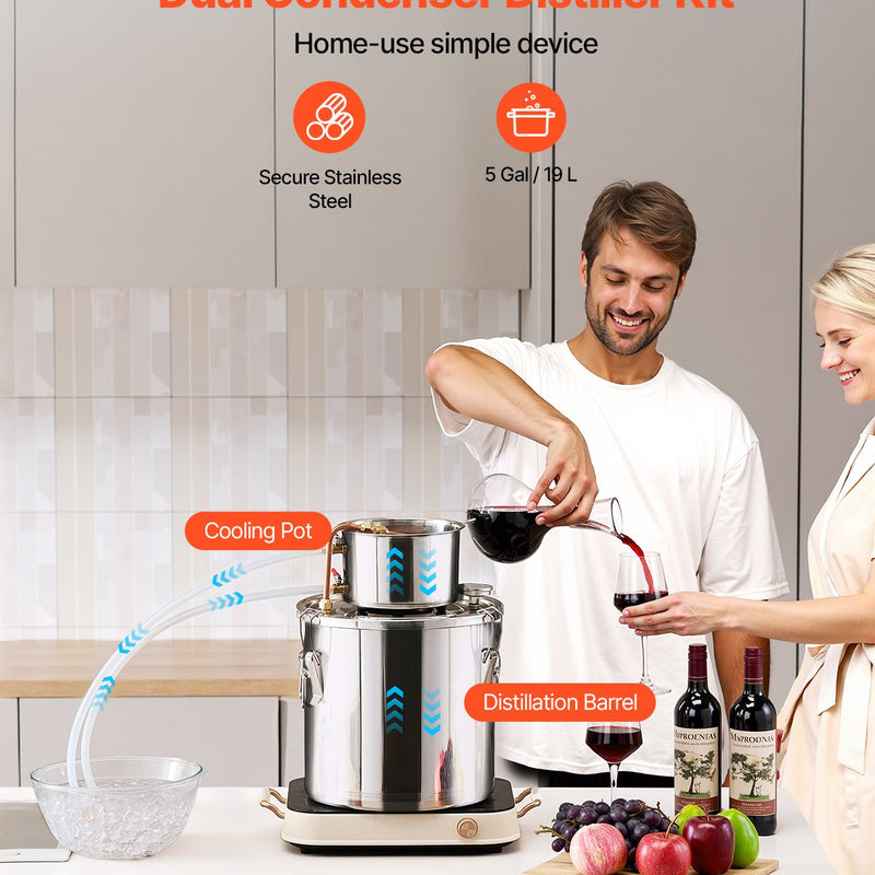 19L nerūsējošā tērauda destilācijas aparāts, sastāv no fermentācijas tvertnes, tvertnes vāka un dzesēšanas katla, piemērots alkohola destilācijai