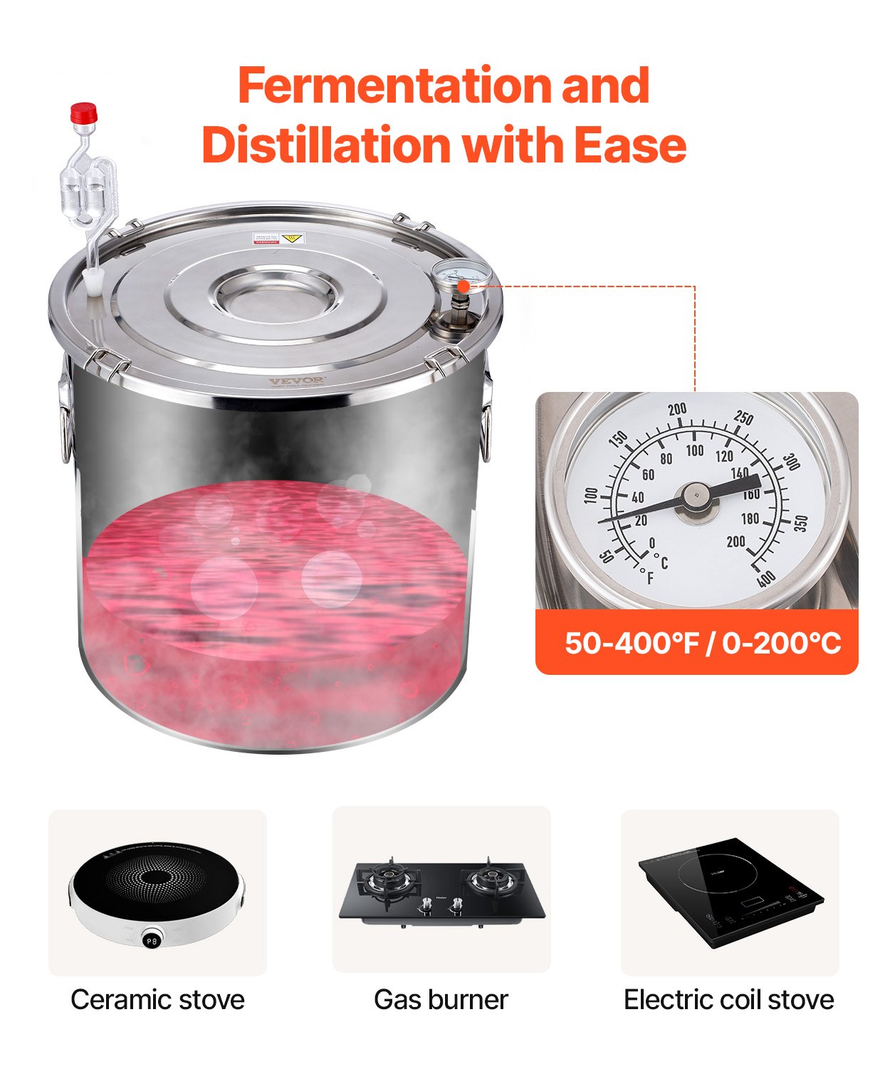 19L stainless steel distillation apparatus, consisting of fermentation tank, tank lid and cooling boiler, suitable for the distillation of alcohol