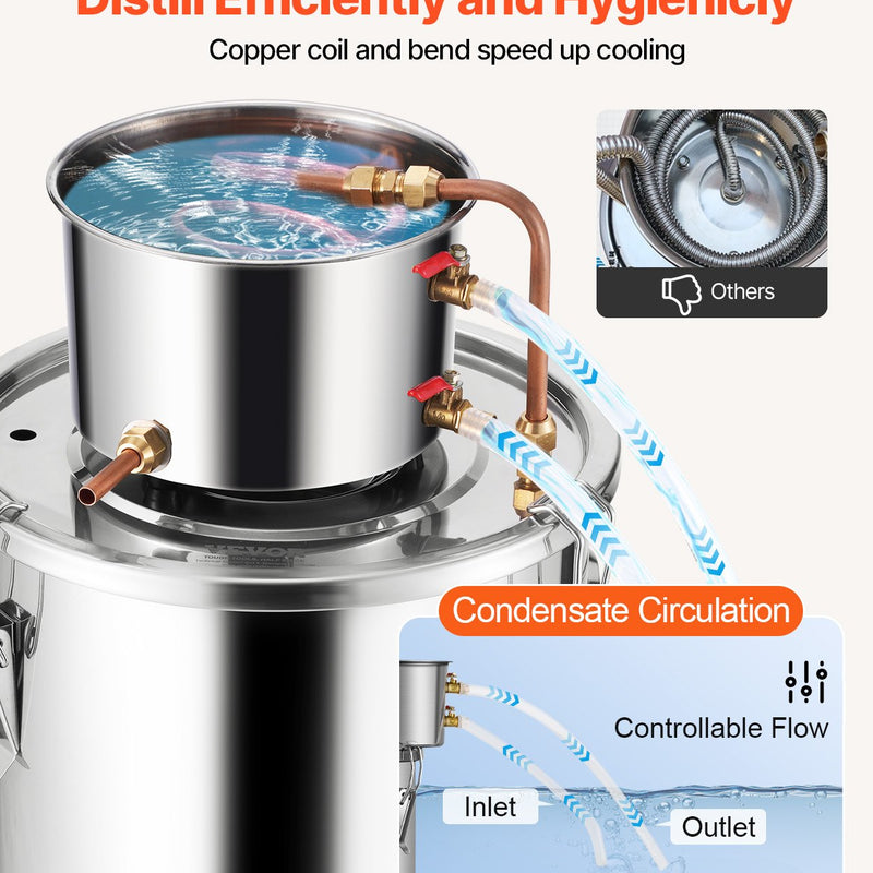 19L nerūsējošā tērauda destilācijas aparāts, sastāv no fermentācijas tvertnes, tvertnes vāka un dzesēšanas katla, piemērots alkohola destilācijai