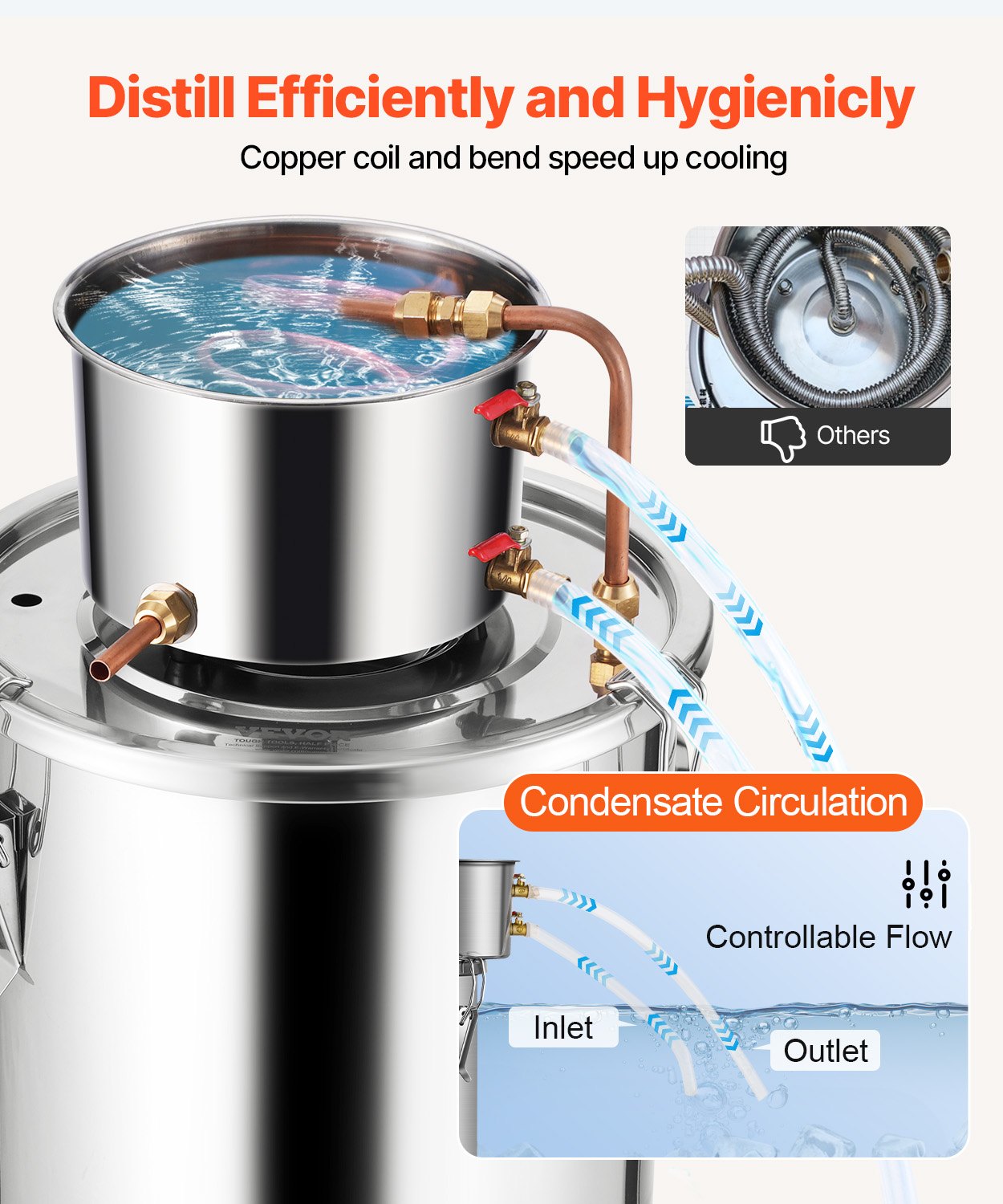 19L stainless steel distillation apparatus, consisting of fermentation tank, tank lid and cooling boiler, suitable for the distillation of alcohol