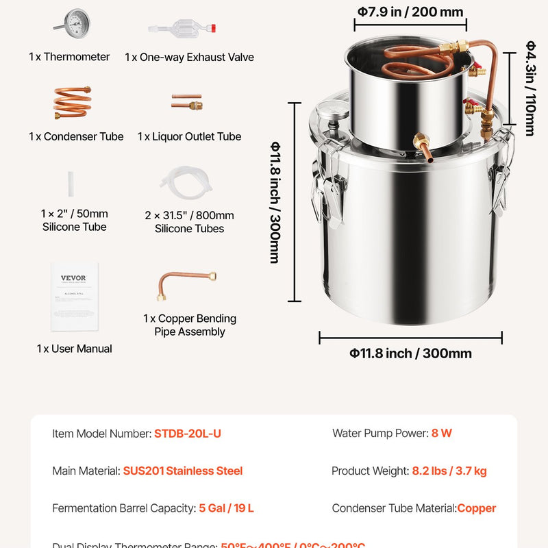 19L nerūsējošā tērauda destilācijas aparāts, sastāv no fermentācijas tvertnes, tvertnes vāka un dzesēšanas katla, piemērots alkohola destilācijai