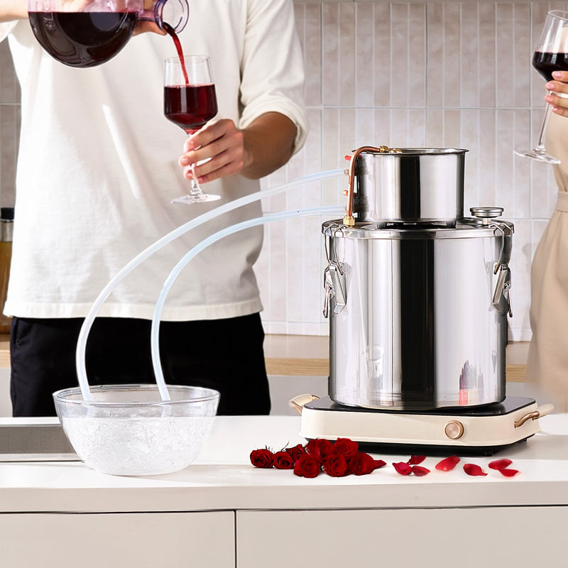 19L nerūsējošā tērauda destilācijas aparāts, sastāv no fermentācijas tvertnes, tvertnes vāka un dzesēšanas katla, piemērots alkohola destilācijai