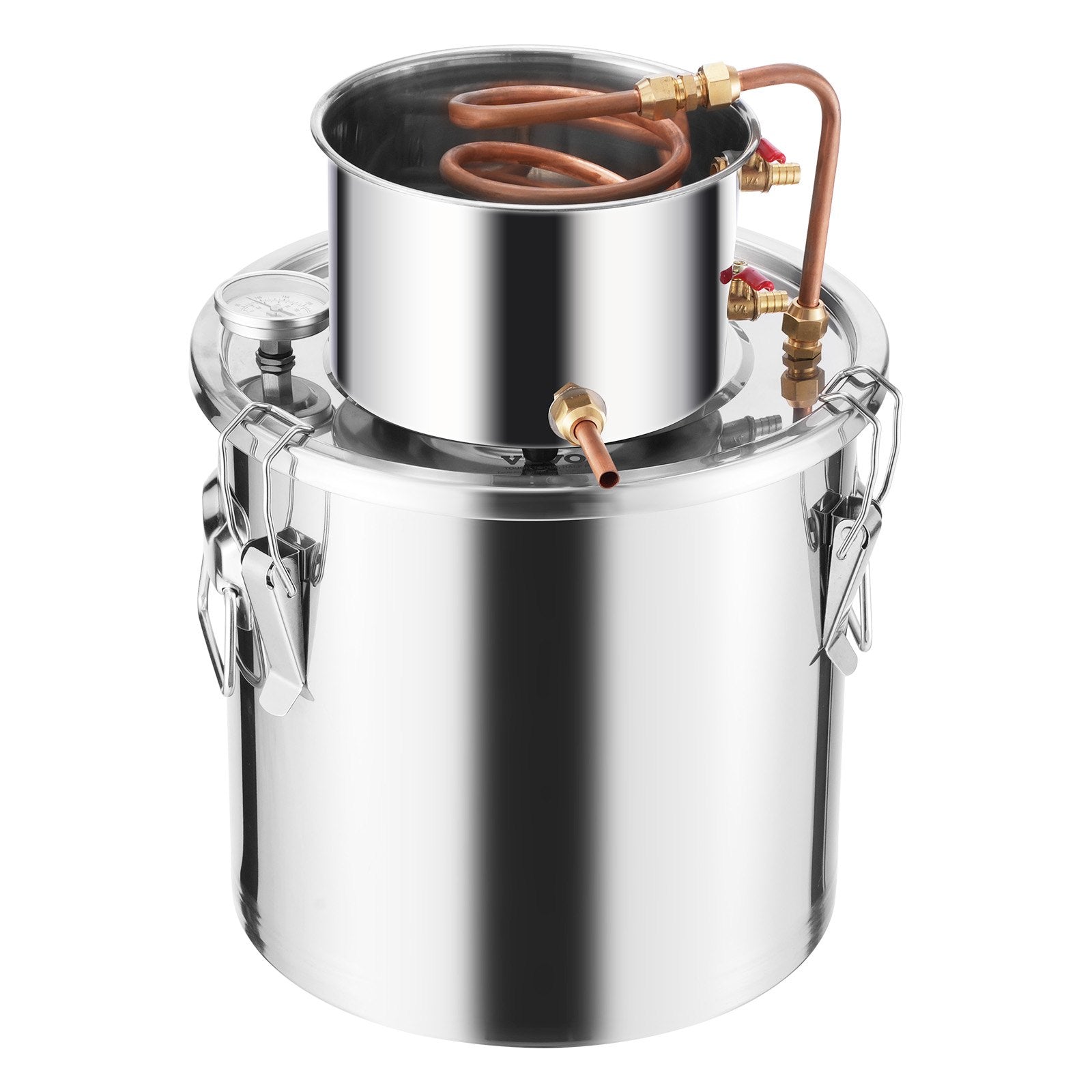 19L stainless steel distillation apparatus, consisting of fermentation tank, tank lid and cooling boiler, suitable for the distillation of alcohol