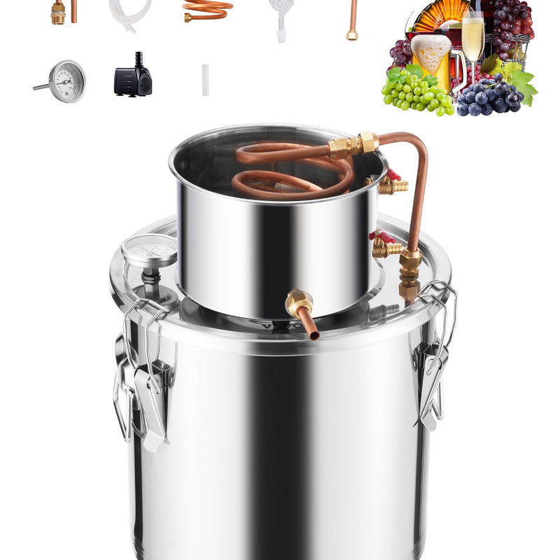19L nerūsējošā tērauda destilācijas aparāts ar iebūvētu termometru uz vāka un ūdens cirkulācijas sūkni, piemērots alkohola destilācijai