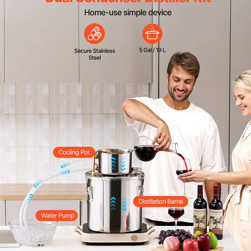 19L nerūsējošā tērauda destilācijas aparāts ar iebūvētu termometru uz vāka un ūdens cirkulācijas sūkni, piemērots alkohola destilācijai