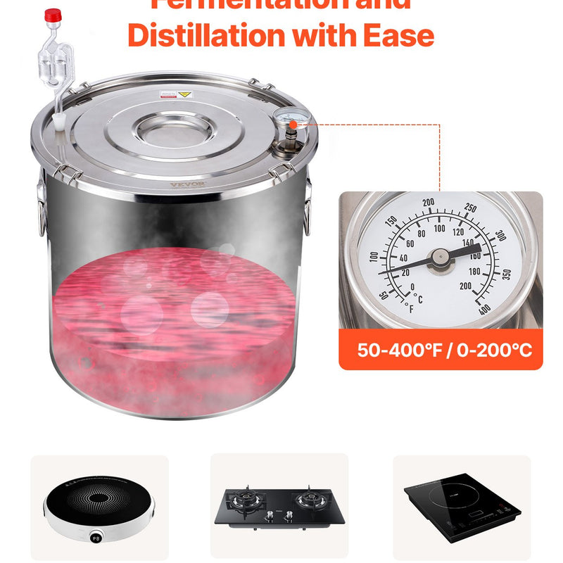 19L nerūsējošā tērauda destilācijas aparāts ar iebūvētu termometru uz vāka un ūdens cirkulācijas sūkni, piemērots alkohola destilācijai
