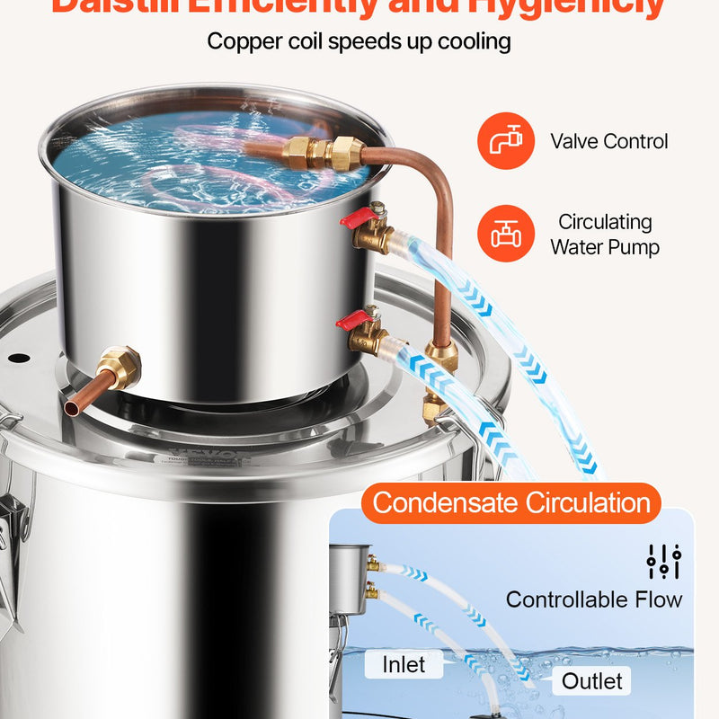 19L nerūsējošā tērauda destilācijas aparāts ar iebūvētu termometru uz vāka un ūdens cirkulācijas sūkni, piemērots alkohola destilācijai