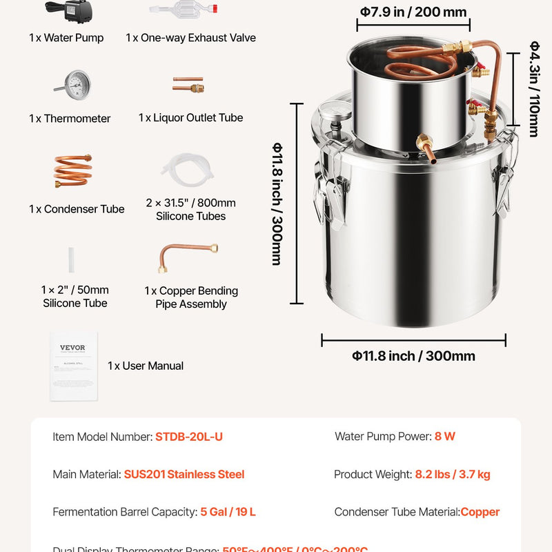 19L nerūsējošā tērauda destilācijas aparāts ar iebūvētu termometru uz vāka un ūdens cirkulācijas sūkni, piemērots alkohola destilācijai