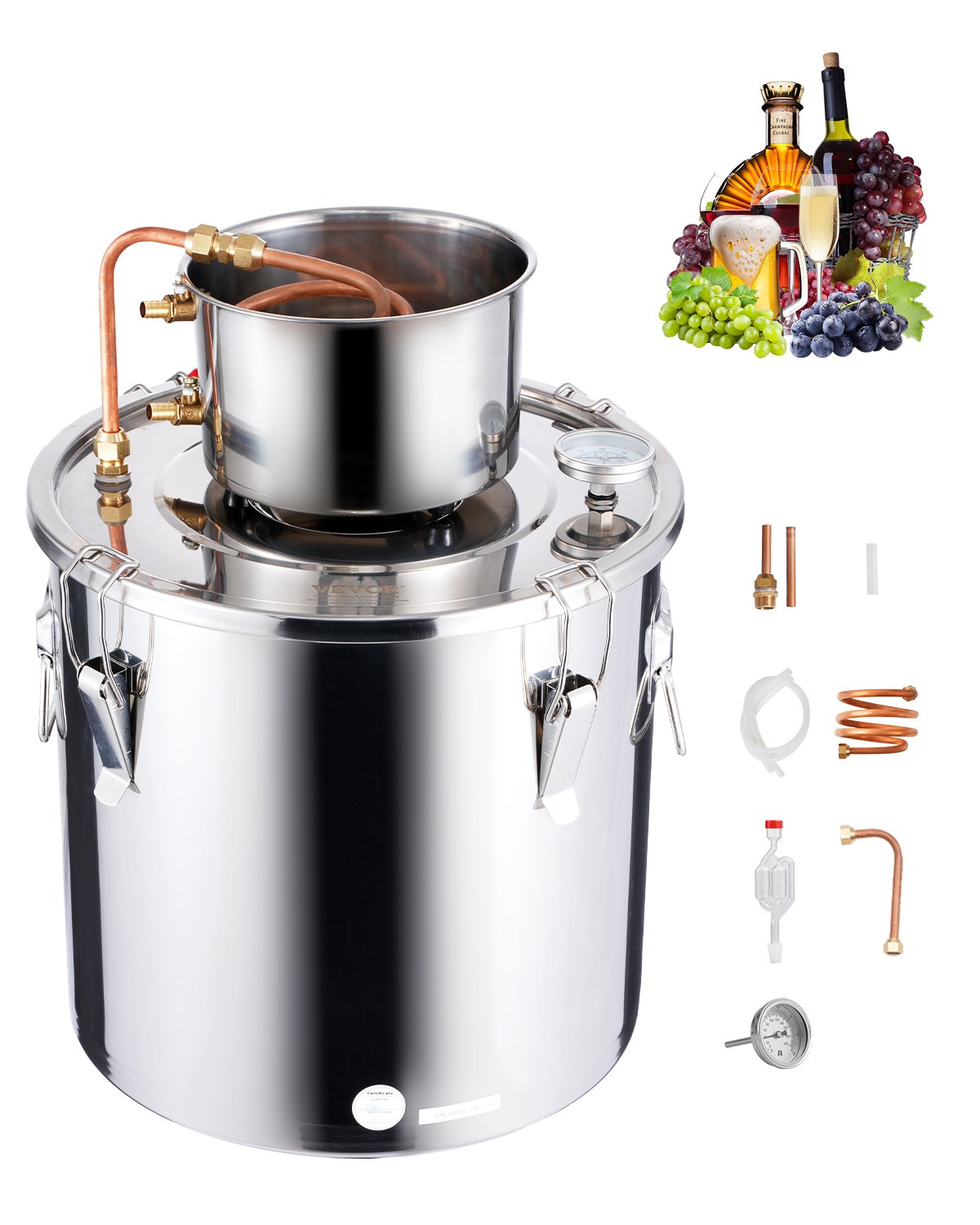 30L stainless steel still with built-in thermometer on lid and water circulation pump, suitable for alcohol distillation