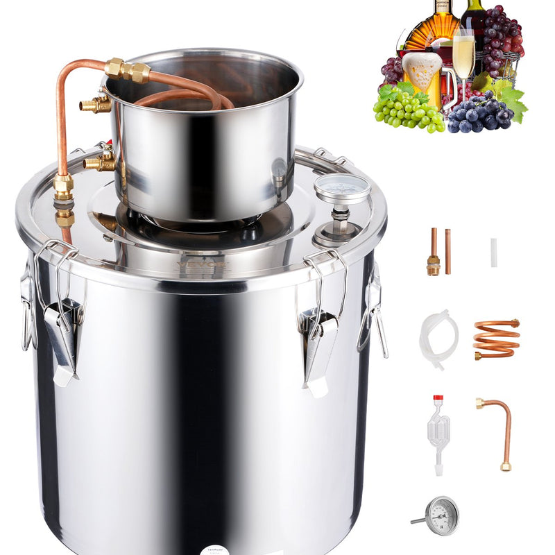 30L nerūsējošā tērauda destilācijas aparāts ar iebūvētu termometru uz vāka un ūdens cirkulācijas sūkni, piemērots alkohola destilācijai