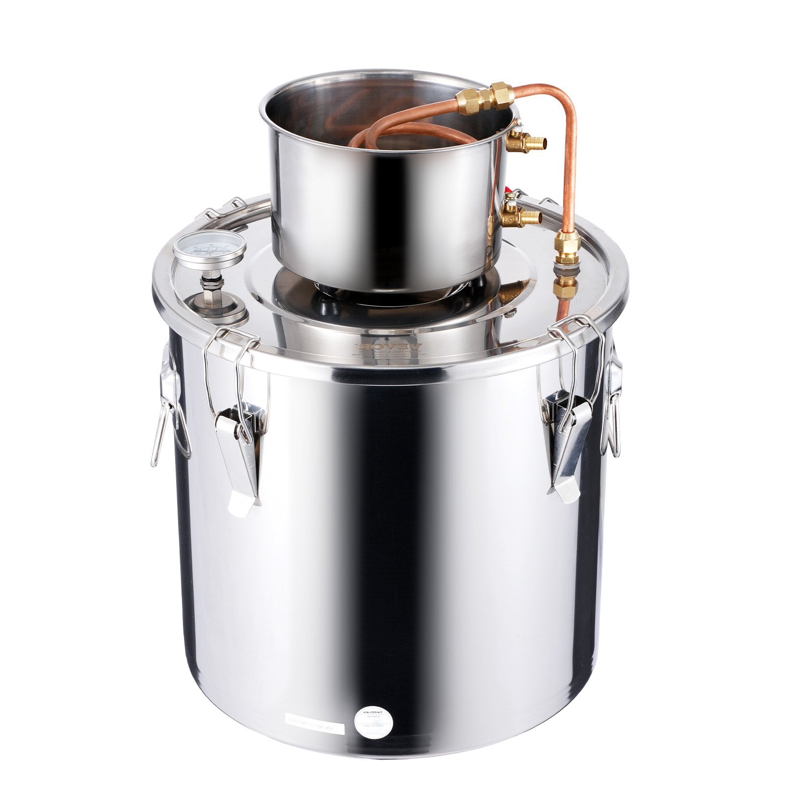 30L stainless steel still with built-in thermometer on lid and water circulation pump, suitable for alcohol distillation