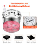 30L nerūsējošā tērauda destilācijas aparāts ar iebūvētu termometru uz vāka un ūdens cirkulācijas sūkni, piemērots alkohola destilācijai