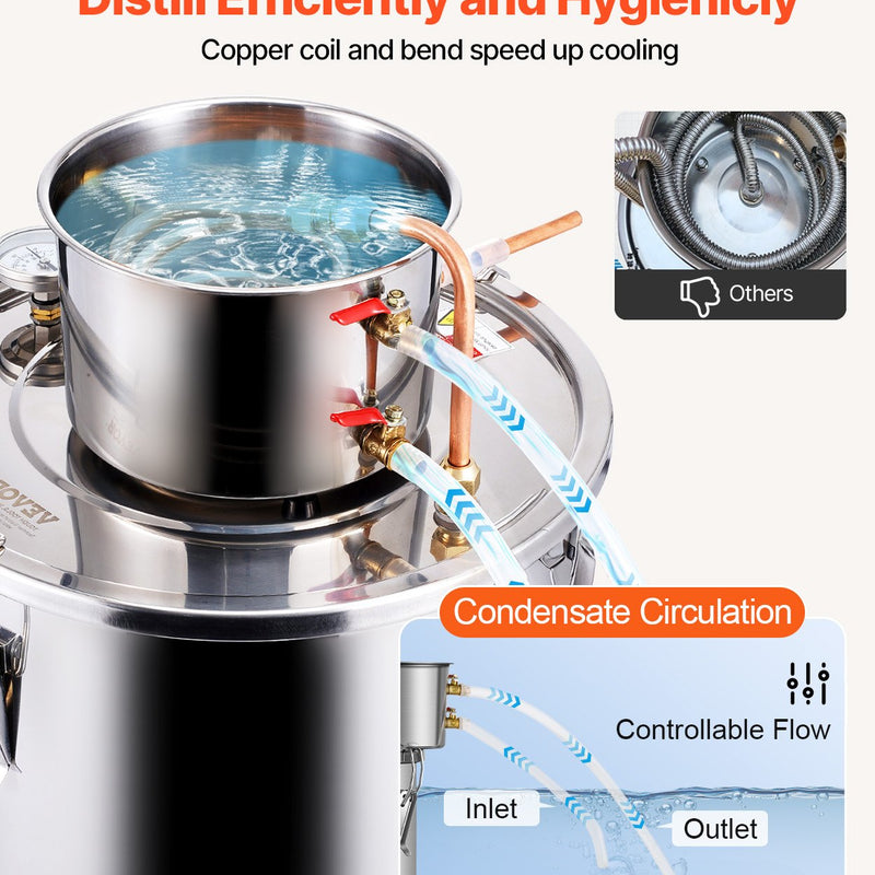 30L nerūsējošā tērauda destilācijas aparāts ar iebūvētu termometru uz vāka un ūdens cirkulācijas sūkni, piemērots alkohola destilācijai