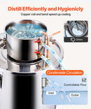 30L nerūsējošā tērauda destilācijas aparāts ar iebūvētu termometru uz vāka un ūdens cirkulācijas sūkni, piemērots alkohola destilācijai