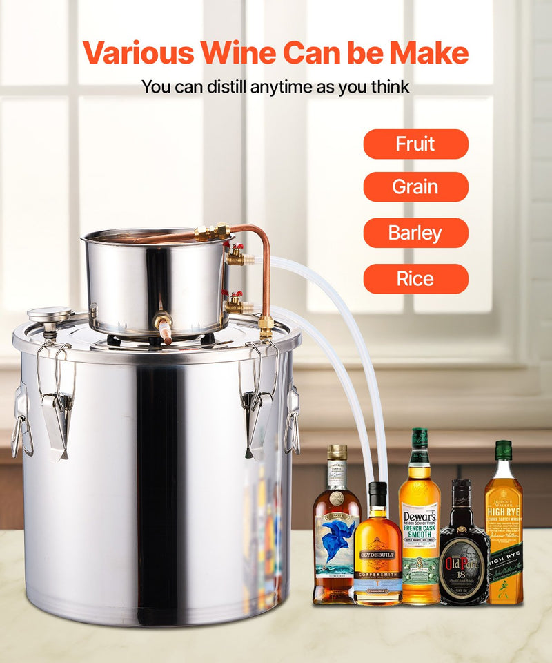 30L nerūsējošā tērauda destilācijas aparāts ar iebūvētu termometru uz vāka un ūdens cirkulācijas sūkni, piemērots alkohola destilācijai