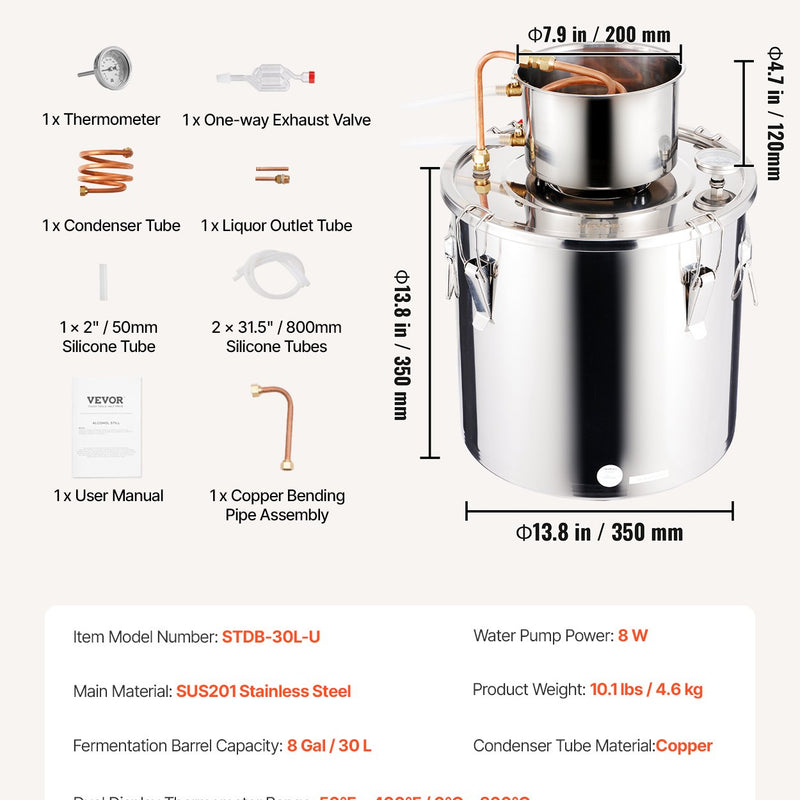 30L nerūsējošā tērauda destilācijas aparāts ar iebūvētu termometru uz vāka un ūdens cirkulācijas sūkni, piemērots alkohola destilācijai