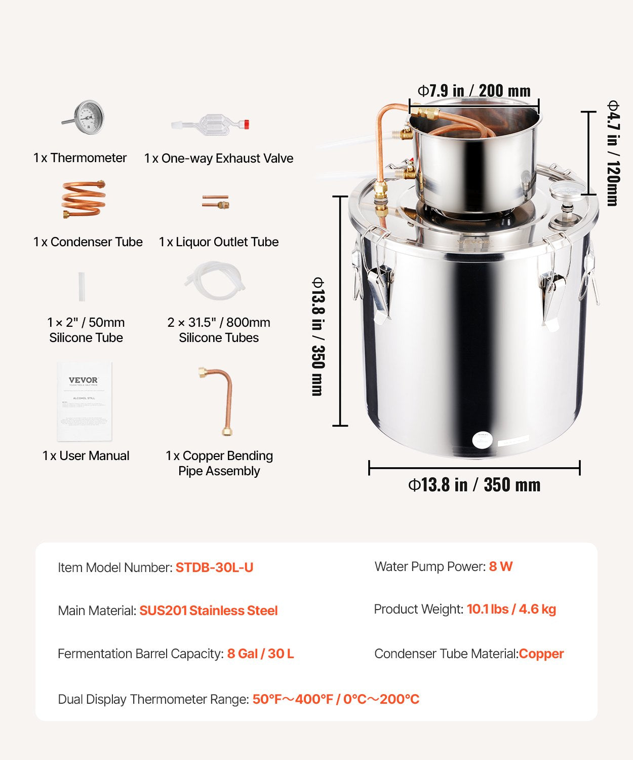 30L stainless steel still with built-in thermometer on lid and water circulation pump, suitable for alcohol distillation